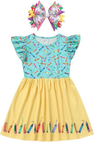 Toddler Girls Back to School Dress - Apple, Pencil, Crayon, Schoolbag, Letter Print Ruffle Dresses in Saudi Arabia