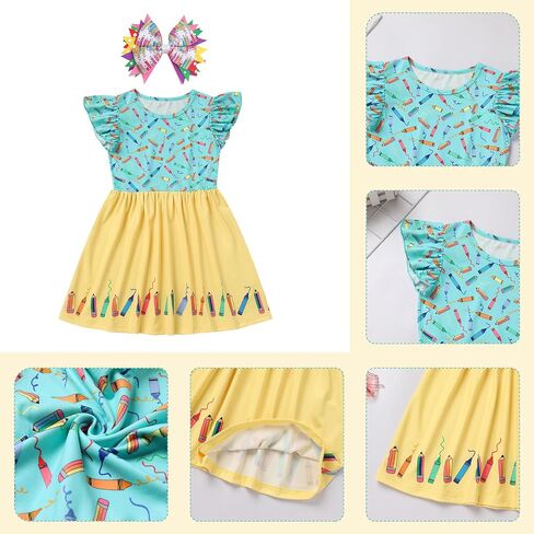 Toddler Girls Back to School Dress - Apple, Pencil, Crayon, Schoolbag, Letter Print Ruffle Dresses in Saudi Arabia