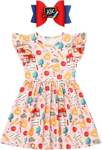 Toddler Girls Back to School Dress - Apple, Pencil, Crayon, Schoolbag, Letter Print Ruffle Dresses in Saudi Arabia