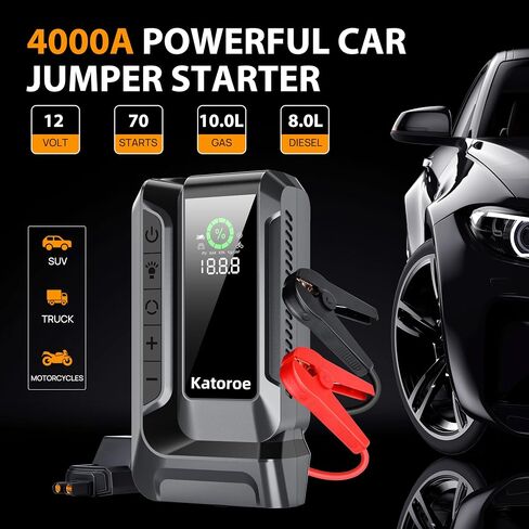 Q16 سيارة Jump Starter مع ضاغط هواء، 4000A 160 PSI حزمة بطارية Jump Starter المحمولة (10.0 لتر غاز/8.0 لتر ديزل)، مع QC 3.0، شاشة كبيرة، 3 أوضاع مصباح يدوي وكابل توصيل in Saudi Arabia