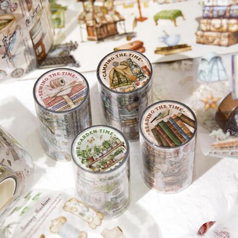 مجموعة أشرطة واشي مكونة من 4 لفات، شريط واشي بنمط عنصر الحياة القديم لملصقات اليوميات، ملصقات مخططة بشريط واشي عريض مقاوم للماء، شريط زخرفي جمالي لمستلزمات سجل القصاصات اليدوية in Kuwait