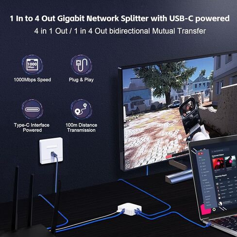 موزع موكر لينك 1 إلى 2 جيجابت، 100/1000 ميجابت في الثانية، موزع كابل شبكة LAN RJ45 للإنترنت، طاقة بلاستيكية صغيرة من النوع C مع كابل USB in Kuwait