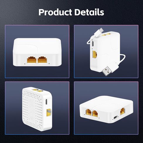 موزع موكر لينك 1 إلى 2 جيجابت، 100/1000 ميجابت في الثانية، موزع كابل شبكة LAN RJ45 للإنترنت، طاقة بلاستيكية صغيرة من النوع C مع كابل USB in Kuwait