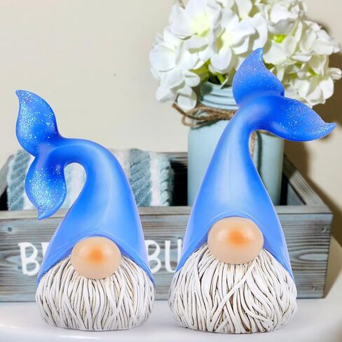 Hodao 2 Set Summer Ocean Gnomes Animals Gnome Resin Figurines Mermaid Scandinavian Tomte Elf Decorations for Home, Living, Dining, Living Room Tabletop (Blue) in Saudi Arabia