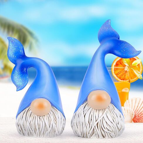 Hodao 2 Set Summer Ocean Gnomes Animals Gnome Resin Figurines Mermaid Scandinavian Tomte Elf Decorations for Home, Living, Dining, Living Room Tabletop (Blue) in Saudi Arabia