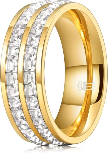 THREE KEYS JEWELRY 7mm Gold Baguette Zircon Stainless Steel High Polished Wedding Band Engagement Ring for Men Women Comfort Fit in Saudi Arabia