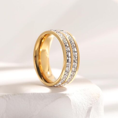 THREE KEYS JEWELRY 7mm Gold Baguette Zircon Stainless Steel High Polished Wedding Band Engagement Ring for Men Women Comfort Fit in Saudi Arabia