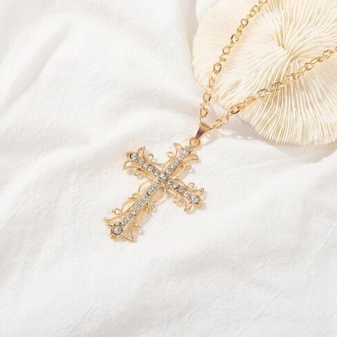 Charm Inlaid Rhinestone Hollowed Out Metal Cross Pendant Necklace Color Necklace Friend Date Jewelry in Kuwait
