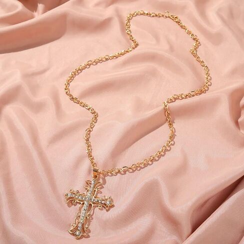 Charm Inlaid Rhinestone Hollowed Out Metal Cross Pendant Necklace Color Necklace Friend Date Jewelry in Kuwait