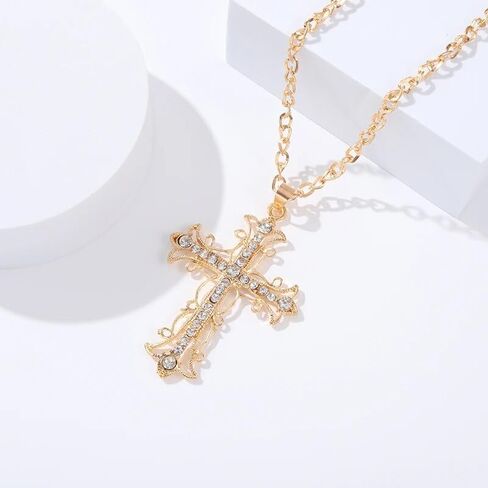 Charm Inlaid Rhinestone Hollowed Out Metal Cross Pendant Necklace Color Necklace Friend Date Jewelry in Kuwait
