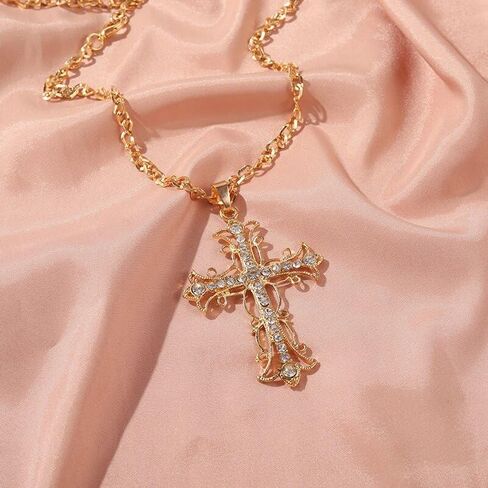 Charm Inlaid Rhinestone Hollowed Out Metal Cross Pendant Necklace Color Necklace Friend Date Jewelry in Kuwait