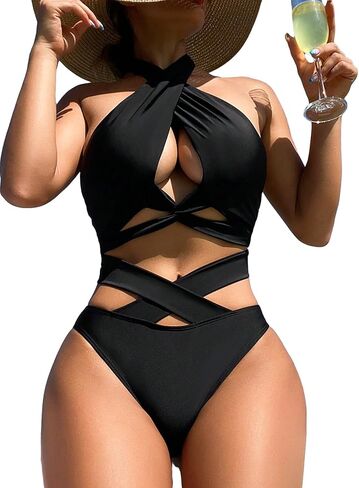 Floerns Women's 2 Piece Bathing Suit Cut Out Criss Cross Halter Bikini Set in Saudi Arabia
