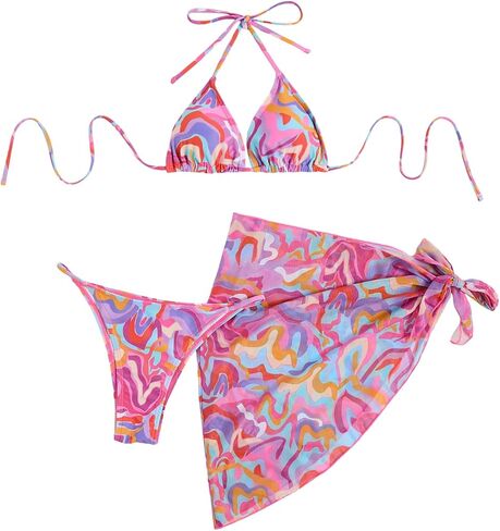 Women's 3 Piece Bikini Sets Halter Bathing Suit Swimsuit with Sarong Cover Up Skirts in Saudi Arabia
