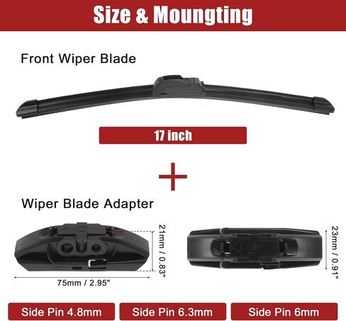 ACROPIX 17inch Silicone Front Window Windshield Wiper Blade Left Driving All Season with Adapter for Side Pin 4.8mm / 6.3mm / 6mm Black - Pack of 1 in Saudi Arabia