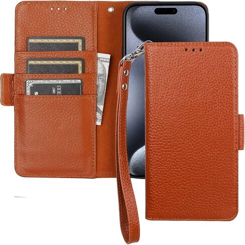 Bocasal Wallet Case for iPhone 15 Pro Max 5G, Genuine Leather Support Wireless Charging RFID Blocking Flip Case Card Slots Holder, Kickstand Book Folding Folio Cover with Wrist Strap 6.7 Inch (Black) in Kuwait