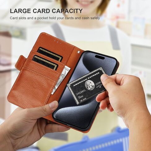 Bocasal Wallet Case for iPhone 15 Pro Max 5G, Genuine Leather Support Wireless Charging RFID Blocking Flip Case Card Slots Holder, Kickstand Book Folding Folio Cover with Wrist Strap 6.7 Inch (Black) in Kuwait