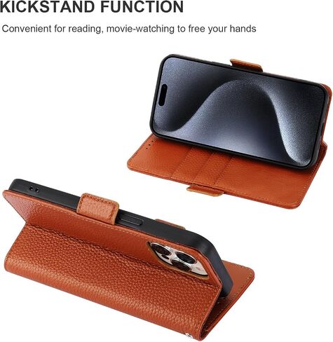 Bocasal Wallet Case for iPhone 15 Pro Max 5G, Genuine Leather Support Wireless Charging RFID Blocking Flip Case Card Slots Holder, Kickstand Book Folding Folio Cover with Wrist Strap 6.7 Inch (Black) in Kuwait