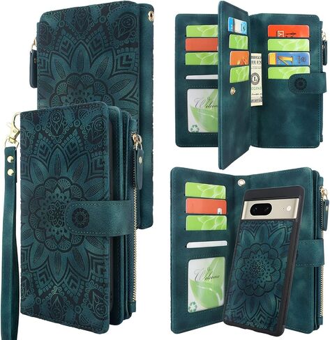 Harryshell Detachable Magnetic Case Wallet with Cash Coin Zipper Pocket 12 Card Slots Holder Wrist Strap Lanyard Compatible with Google Pixel 7 5G (2022) (Flower Gray) in Saudi Arabia