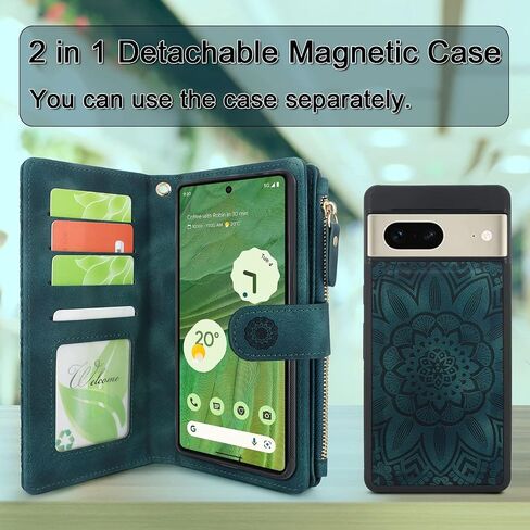 Harryshell Detachable Magnetic Case Wallet with Cash Coin Zipper Pocket 12 Card Slots Holder Wrist Strap Lanyard Compatible with Google Pixel 7 5G (2022) (Flower Gray) in Saudi Arabia