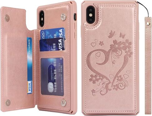 iCoverCase Compatible with iPhone X/XS Wallet Phone Case with Card Holder for Women, RFID Blocking Embossed PU Leather Wrist Strap Case 10/10S 5.8" (Heart Black) in Saudi Arabia