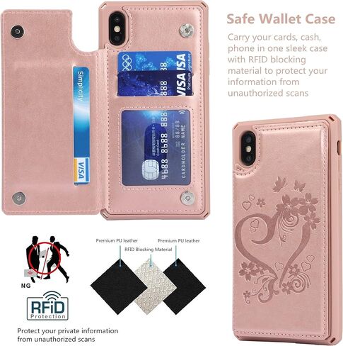 iCoverCase Compatible with iPhone X/XS Wallet Phone Case with Card Holder for Women, RFID Blocking Embossed PU Leather Wrist Strap Case 10/10S 5.8" (Heart Black) in Saudi Arabia