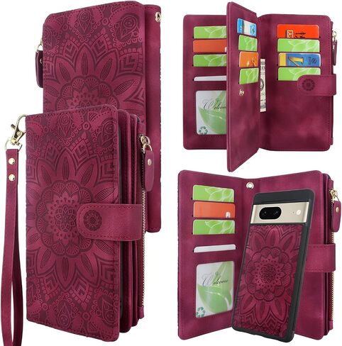 Harryshell Detachable Magnetic Case Wallet with Cash Coin Zipper Pocket 12 Card Slots Holder Wrist Strap Lanyard Compatible with Google Pixel 7 5G (2022) (Flower Gray) in Saudi Arabia