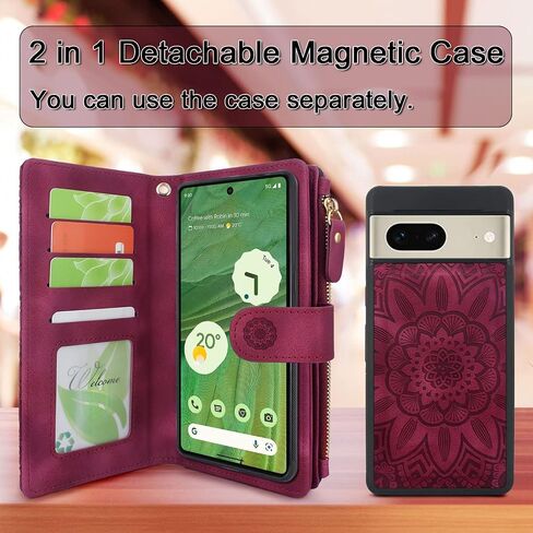 Harryshell Detachable Magnetic Case Wallet with Cash Coin Zipper Pocket 12 Card Slots Holder Wrist Strap Lanyard Compatible with Google Pixel 7 5G (2022) (Flower Gray) in Saudi Arabia