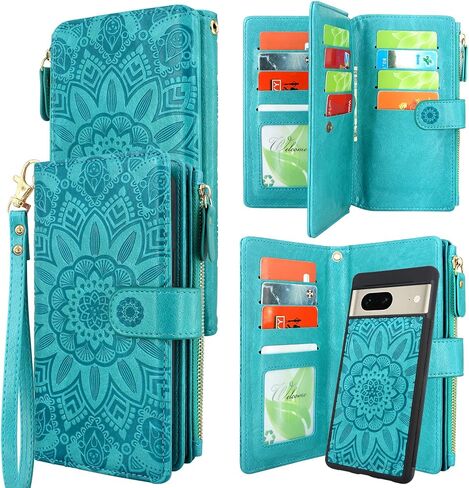 Harryshell Detachable Magnetic Case Wallet with Cash Coin Zipper Pocket 12 Card Slots Holder Wrist Strap Lanyard Compatible with Google Pixel 7 5G (2022) (Flower Gray) in Saudi Arabia