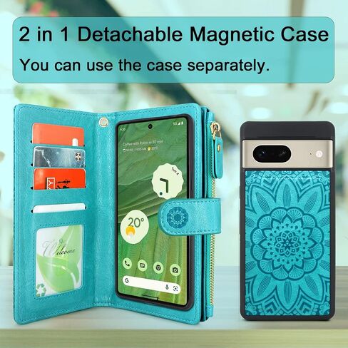 Harryshell Detachable Magnetic Case Wallet with Cash Coin Zipper Pocket 12 Card Slots Holder Wrist Strap Lanyard Compatible with Google Pixel 7 5G (2022) (Flower Gray) in Saudi Arabia