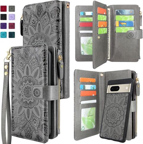 Harryshell Detachable Magnetic Case Wallet with Cash Coin Zipper Pocket 12 Card Slots Holder Wrist Strap Lanyard Compatible with Google Pixel 7 5G (2022) (Flower Gray) in Saudi Arabia