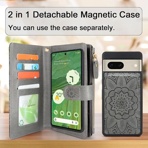 Harryshell Detachable Magnetic Case Wallet with Cash Coin Zipper Pocket 12 Card Slots Holder Wrist Strap Lanyard Compatible with Google Pixel 7 5G (2022) (Flower Gray) in Saudi Arabia