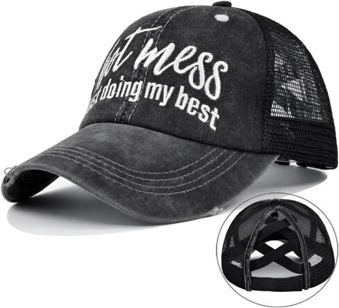 Ponytail Baseball Cap Distressed Messy Bun Trucker Hat Pony Cap Hot Criss Cross Ponytail Hat Hot Mess Hat in Saudi Arabia