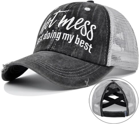 Ponytail Baseball Cap Distressed Messy Bun Trucker Hat Pony Cap Hot Criss Cross Ponytail Hat Hot Mess Hat in Saudi Arabia