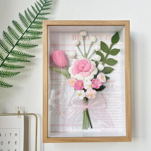 Handmade Crochet Rose Tulip Photo Frame, Knitted Artificial Forever Flowers Bouquet Wall Hanging, Gift to Girlfriend Mom Women, Perfect for Home & Office for Wall Decoration，Desktop in Saudi Arabia
