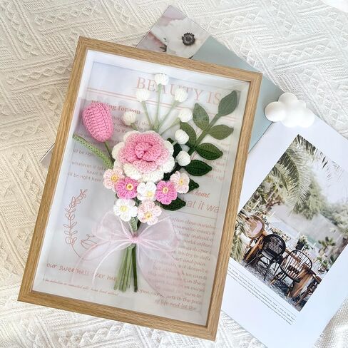 Handmade Crochet Rose Tulip Photo Frame, Knitted Artificial Forever Flowers Bouquet Wall Hanging, Gift to Girlfriend Mom Women, Perfect for Home & Office for Wall Decoration，Desktop in Saudi Arabia