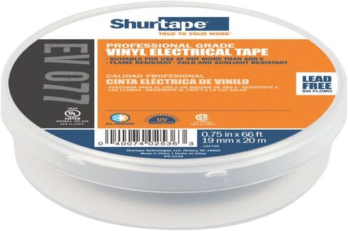 شريط كهربائي ملون من الفينيل ملون للأغراض العامة من Shurtape EV 57، معتمد من UL/CSA، 7.0 مل، أسود، 3/4 بوصة × 66 قدم، لفة واحدة (200782) in Kuwait