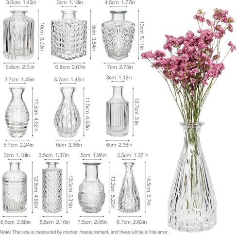 مزهريات زجاجية صغيرة مزخرفة، مجموعة 10 قطع من مزهريات الزهور السائبة، مزهرية مخددة ومضلعة للقطع المركزية، عباد الشمس، الورد، مزهريات زجاجات صغيرة لنباتات البراعم، مزهريات لطيفة وفريدة من نوعها، ديكور الزفاف in Kuwait