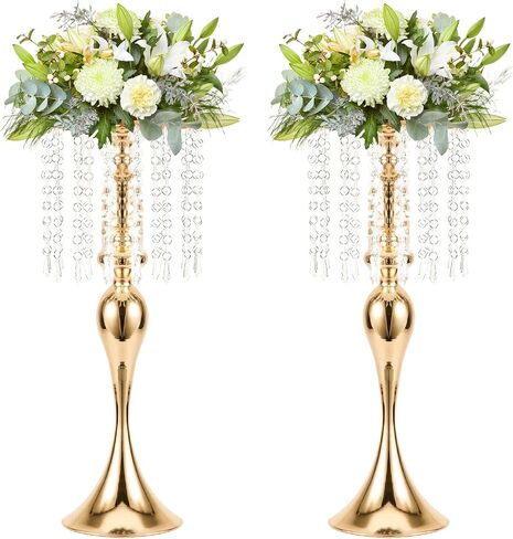 Wedding Centerpieces for Tables, 12.99in Metal Gold Vases for Centerpieces, 2PcsTall Crystal Flower Stand for Centerpiece Table Wedding Party Reception Home Decor in Saudi Arabia