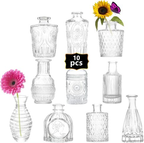 ZYX&CYX Glass Bud Vase Set of 10 Pcs，Small Glass Vases for Flowers，Clear Bud Vases in Bulk，Vintage Vases for Centerpieces，Small Glass Bud Vase for Wedding Decorations，Home Table Flower Décor in Saudi Arabia