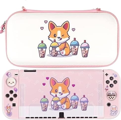 BelugaDesign Corgi Boba OLED Bundle | Carry Case Soft Cover Thumb Grips Kit | Cute Anime Bubble Tea Kawaii Dog Pink Pastel Travel Accessories for Girls Women | Compatible with Nintendo Switch OLED in Saudi Arabia