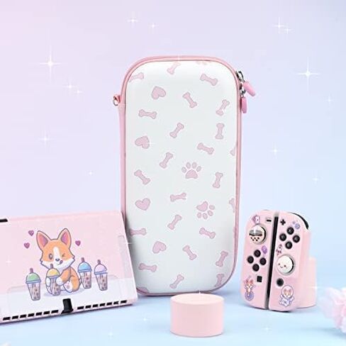 BelugaDesign Corgi Boba OLED Bundle | Carry Case Soft Cover Thumb Grips Kit | Cute Anime Bubble Tea Kawaii Dog Pink Pastel Travel Accessories for Girls Women | Compatible with Nintendo Switch OLED in Saudi Arabia