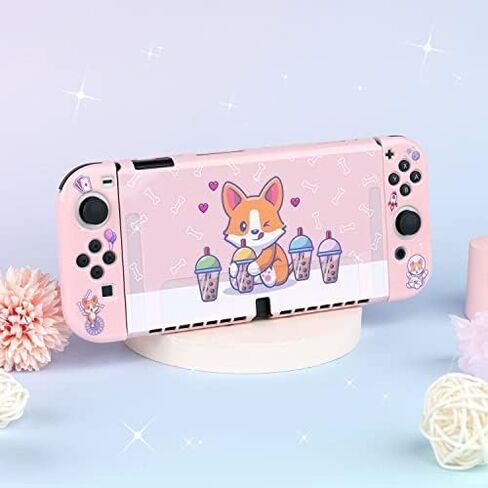 BelugaDesign Corgi Boba OLED Bundle | Carry Case Soft Cover Thumb Grips Kit | Cute Anime Bubble Tea Kawaii Dog Pink Pastel Travel Accessories for Girls Women | Compatible with Nintendo Switch OLED in Saudi Arabia