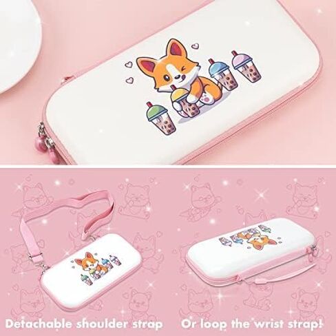 BelugaDesign Corgi Boba OLED Bundle | Carry Case Soft Cover Thumb Grips Kit | Cute Anime Bubble Tea Kawaii Dog Pink Pastel Travel Accessories for Girls Women | Compatible with Nintendo Switch OLED in Saudi Arabia
