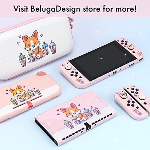 BelugaDesign Corgi Boba OLED Bundle | Carry Case Soft Cover Thumb Grips Kit | Cute Anime Bubble Tea Kawaii Dog Pink Pastel Travel Accessories for Girls Women | Compatible with Nintendo Switch OLED in Saudi Arabia