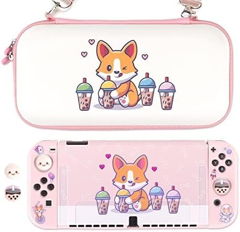 BelugaDesign Corgi Boba OLED Bundle | Carry Case Soft Cover Thumb Grips Kit | Cute Anime Bubble Tea Kawaii Dog Pink Pastel Travel Accessories for Girls Women | Compatible with Nintendo Switch OLED in Saudi Arabia