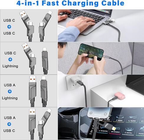 2Pack 4 in 1 USB C Cable for Lightning Cable, 60W Dual USB C Cable 6FT Flat Braided Fast Charging Cord with Lightning/Type C/USB A Multi Ports for iPhone 15 14 Pro Max Plus/i-Pad/Samsung/MacBook in Saudi Arabia