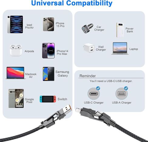 2Pack 4 in 1 USB C Cable for Lightning Cable, 60W Dual USB C Cable 6FT Flat Braided Fast Charging Cord with Lightning/Type C/USB A Multi Ports for iPhone 15 14 Pro Max Plus/i-Pad/Samsung/MacBook in Saudi Arabia