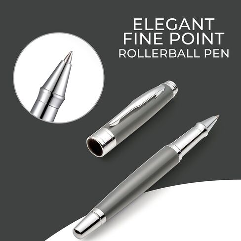 القلم التنفيذي - قلم الكرة الدوارة الفضي الأنيق. حبر جل شنايدر ذو نقطة دقيقة للكتابة بسلاسة. قلم فاخر وفاخر للرجال والنساء. مجموعة هدايا أقلام Chrome، Premium، Business، High End Pen in Kuwait