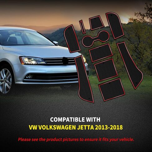 Fit for Volkswagen Jetta 2013-2018 Accessories, Upgraded Custom Non-Slip Cup Holder Inserts, Center Console Liners, Door Pocket Pads, Interior Anti-Dust Liner Mats (10-PCS, Red Trim) in Saudi Arabia