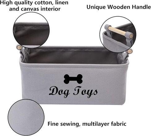 سلة ألعاب الكلاب من القماش من Geyecete لألعاب الكلاب، وبطانية الكلاب، وصناديق تخزين ألعاب الكلاب، بمقبض خشبي (رمادي اللون) in Kuwait